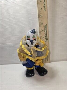 Vintage Primark Intl Porcelain Face Clown Doll Figurine Blue Yellow Ruffle 6"
